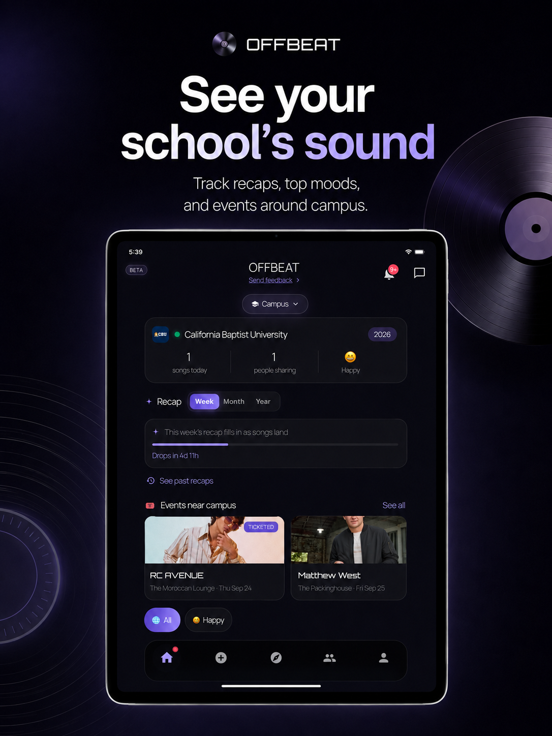 OFFBEAT campus sound: a school’s shared songs, weekly recap, campus moods, and nearby events.