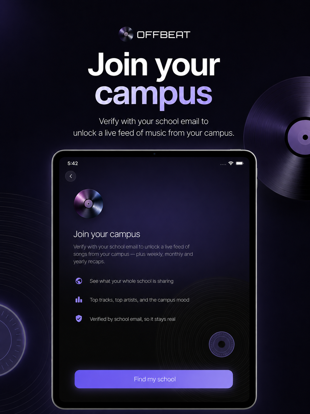 OFFBEAT campus onboarding: verify a school email to join a campus music feed and see its top tracks, artists, and moods.