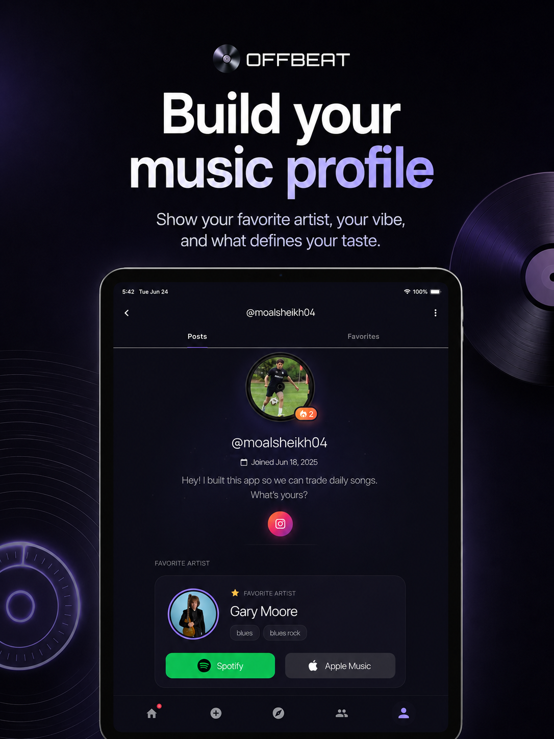 OFFBEAT music profile showing a bio, favorite artist, and Spotify and Apple Music listening links.